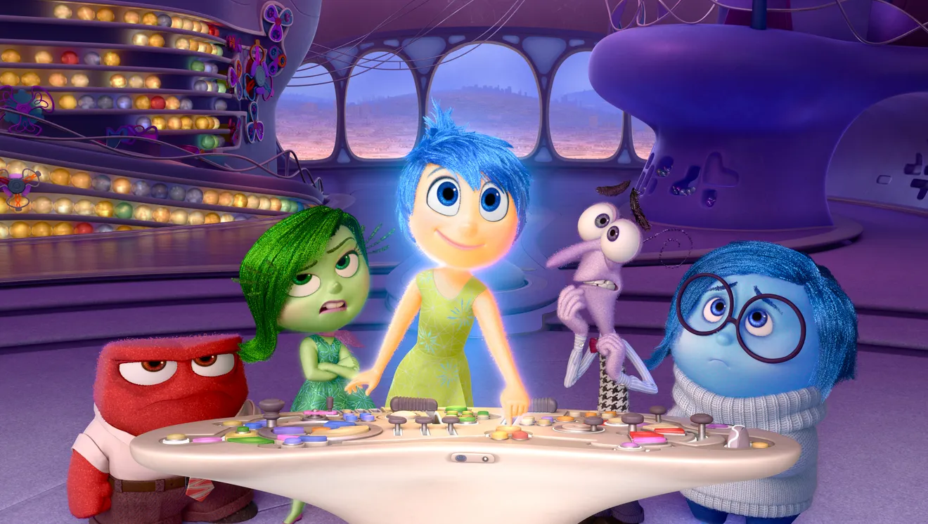 Scene from Inside Out showing the different emotions as characters